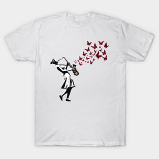 Butterfly Saxophonist Banksy Streetart Style T-Shirt